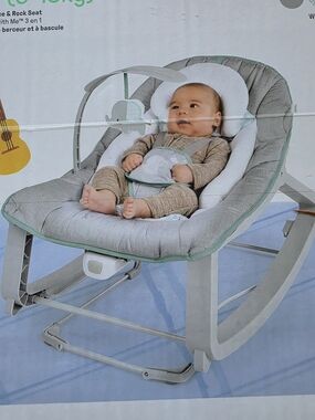 Ingenuity Plush Gray Baby Rocker & Bouncer with Mint Trim - Secure Infant Seat